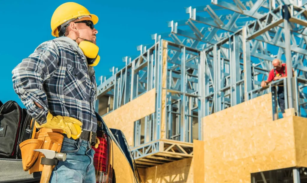 Individuos trabajando en un sitio de construcción con estructuras de metal.