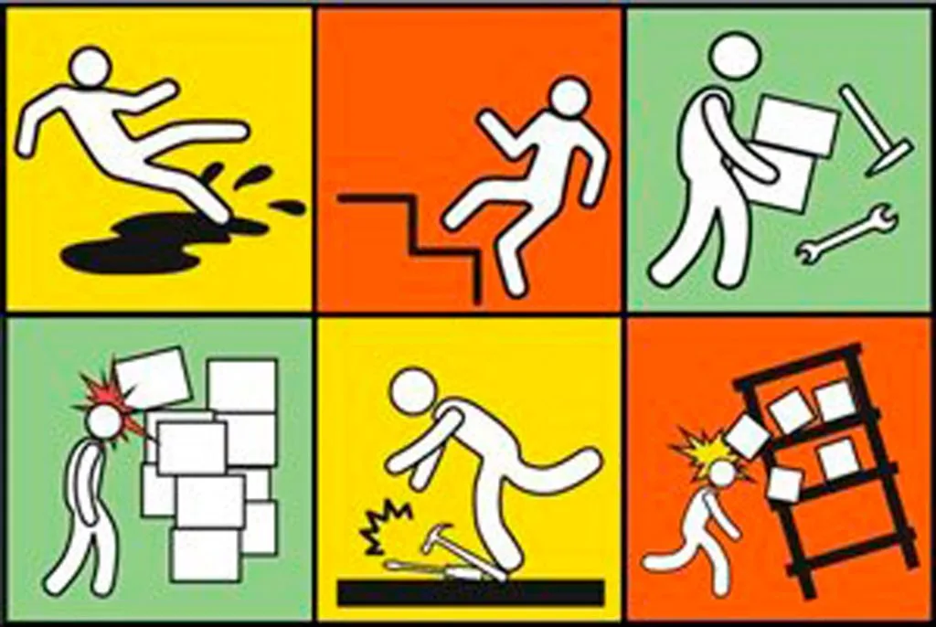 Pictogramas de seguridad que muestran acciones inseguras en el trabajo.