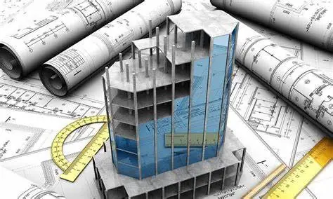 Modelo 3D de un edificio en construcción rodeado de planos arquitectónicos.